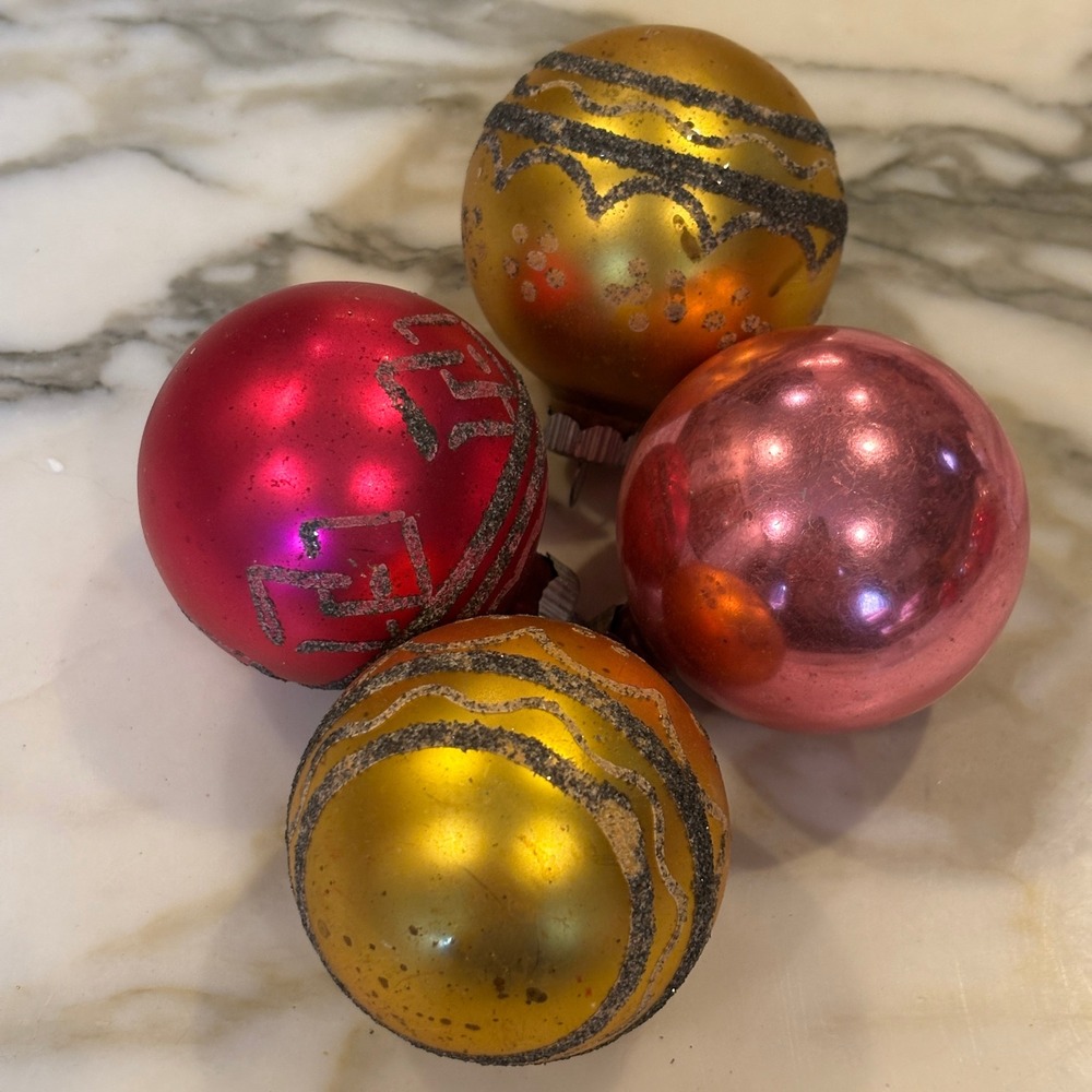 Shiny Brite Vintage Mica Glitter Stencil Glass Christmas Ornaments Pink Gold